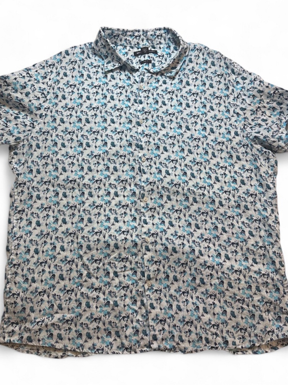 Michael Kors Blue and White Floral Short-Sleeve Button-Down Shirt